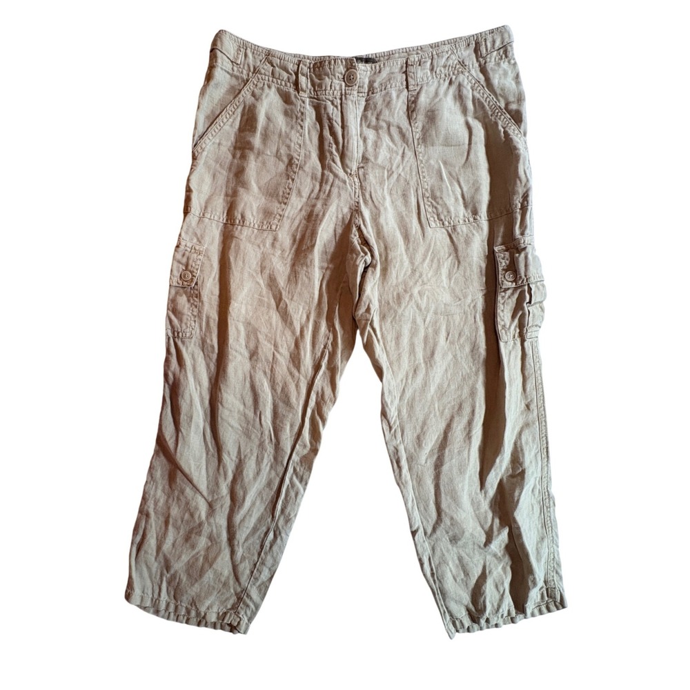 Tommy Bahama Linen Cargo Pants Womens 6 Tan Cropped Relaxed Fit Summer Utility - Picture 1 of 9